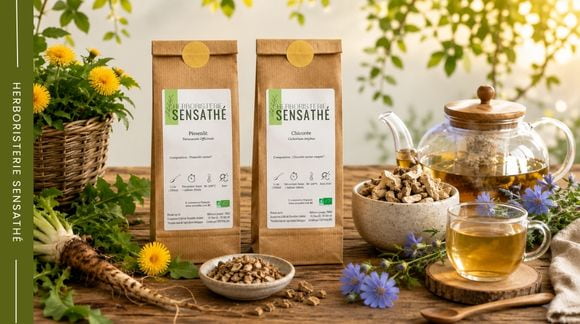 Chicorée et pissenlit en vrac, plantes prébiotiques pour accompagner une alimentation riche en aliments fermentés et probiotiques naturels - Herboristerie Sensathé